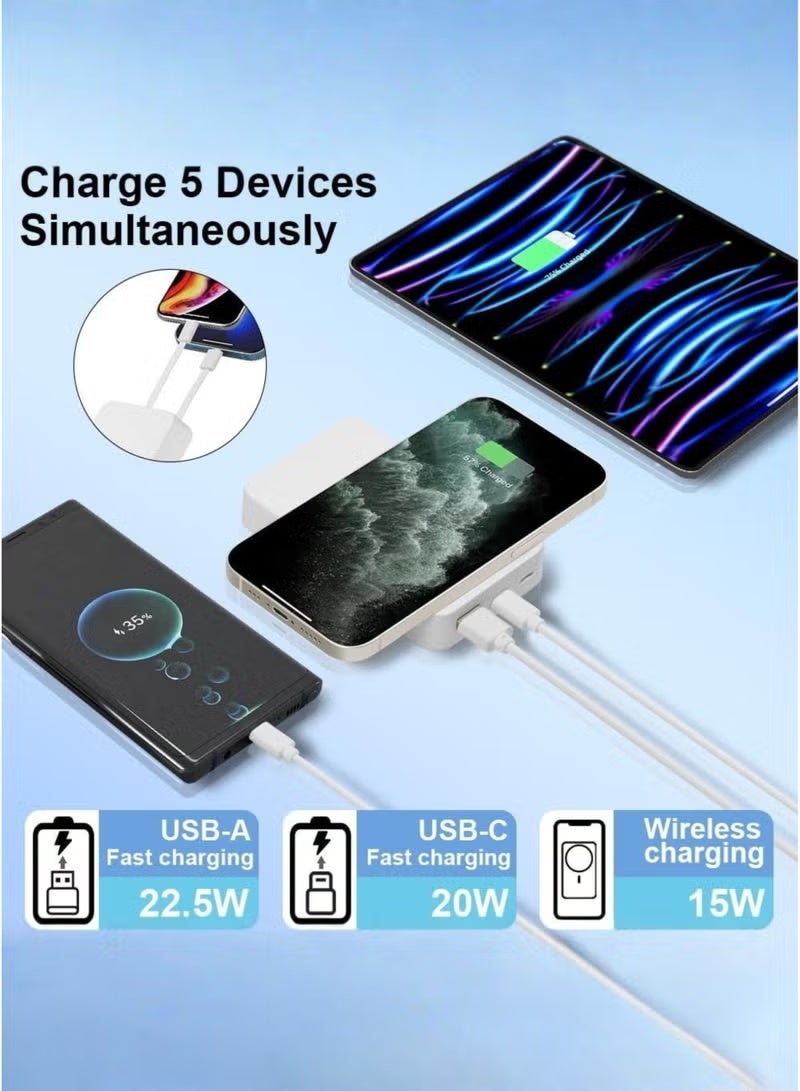 LEVINO بنك طاقة MagSafe سعة 10000 مللي أمبير مع حامل قابل للطي | منفذي Type-C و 1 USB | يشمل كابلات Type-C و Lightning | مؤشر LED | شحن سريع لجهاز iPhone و Samsung و Pixel – أبيض - Image 3