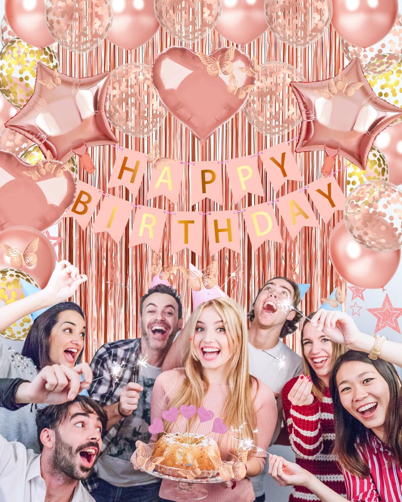 Lutoys Rose Gold Happy Birthday Party Decorations, Happy Birthday Banner, Rose Gold Foil Heart Star Confetti Balloons Curtain Backdrop Hanging Swirls Party Decor for Girls Women Princess - Image 2