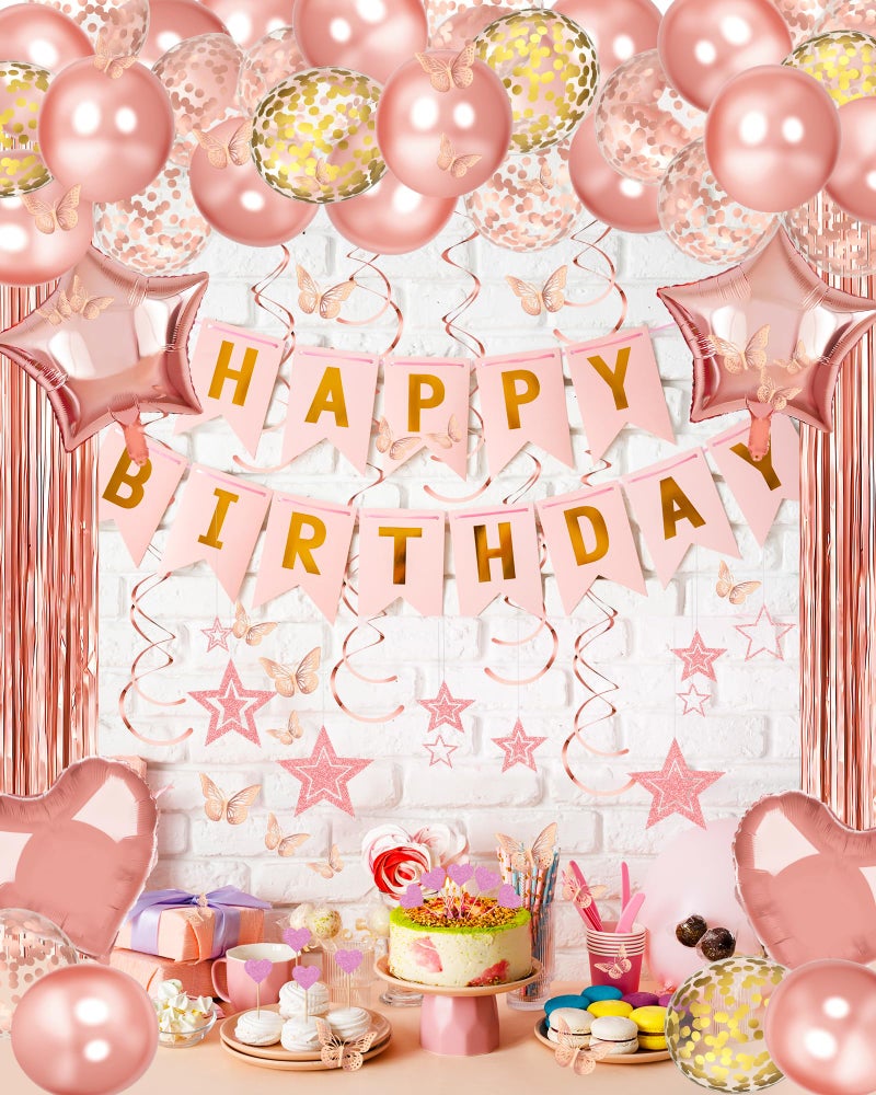 Lutoys Rose Gold Happy Birthday Party Decorations, Happy Birthday Banner, Rose Gold Foil Heart Star Confetti Balloons Curtain Backdrop Hanging Swirls Party Decor for Girls Women Princess - Image 5