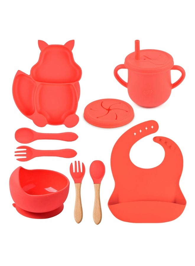 8 Pcs Baby Feeding Set, Food-grade Silicone Baby Tableware Set, Squirrel Baby Cutlery and Plates Set, Non-Slip Infant Dinnerware Set, Baby Self Feeding Utensils
