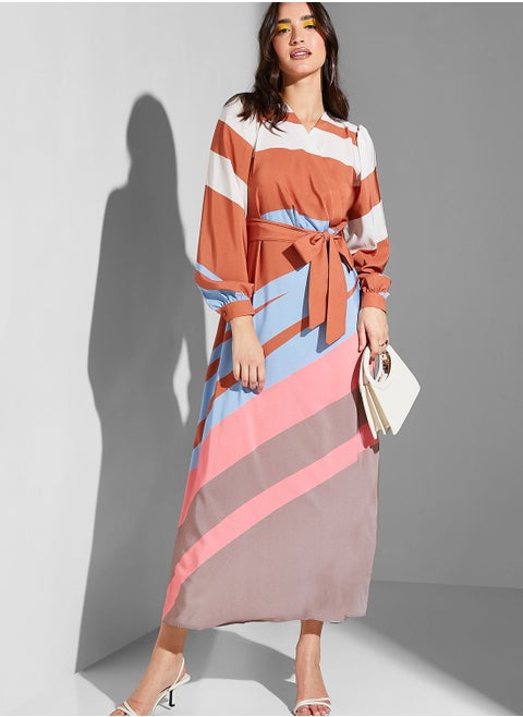 Abstract Print Belted Dress