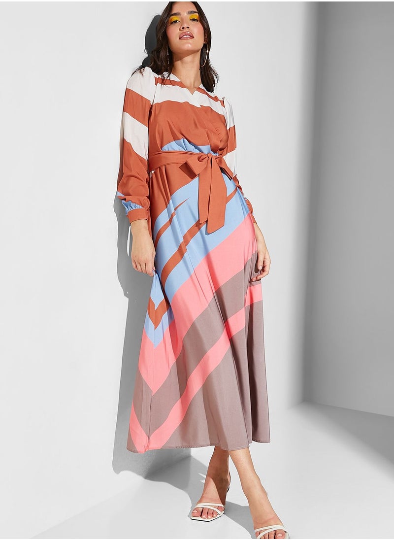 Abstract Print Belted Dress