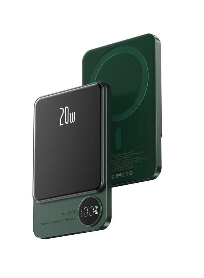 Doltri Newest Portable 20W Charger 5000mAh Mini Power Bank, Magnetic Wireless Fast Charging Aluminum alloy with LED Display Q9 (Green)  - Image 1