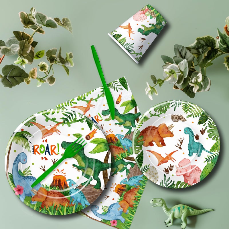 Srua Don Dinosaur Birthday Party Supplies Boy - Dino Dinosaur Birthday Decorations Tableware, Paper Plate, Cup, Napkin, Tablecloth, Disposable Cutlery, Banner, Serves 24 - Image 5