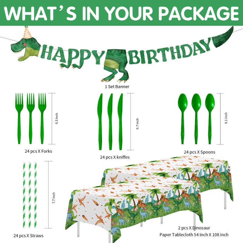 Srua Don Dinosaur Birthday Party Supplies Boy - Dino Dinosaur Birthday Decorations Tableware, Paper Plate, Cup, Napkin, Tablecloth, Disposable Cutlery, Banner, Serves 24 - Image 3