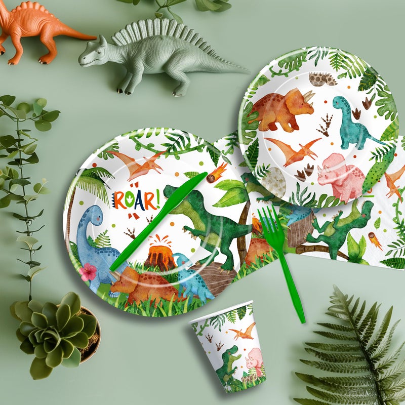 Srua Don Dinosaur Birthday Party Supplies Boy - Dino Dinosaur Birthday Decorations Tableware, Paper Plate, Cup, Napkin, Tablecloth, Disposable Cutlery, Banner, Serves 24 - Image 4