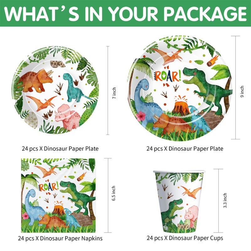 Srua Don Dinosaur Birthday Party Supplies Boy - Dino Dinosaur Birthday Decorations Tableware, Paper Plate, Cup, Napkin, Tablecloth, Disposable Cutlery, Banner, Serves 24 - Image 2