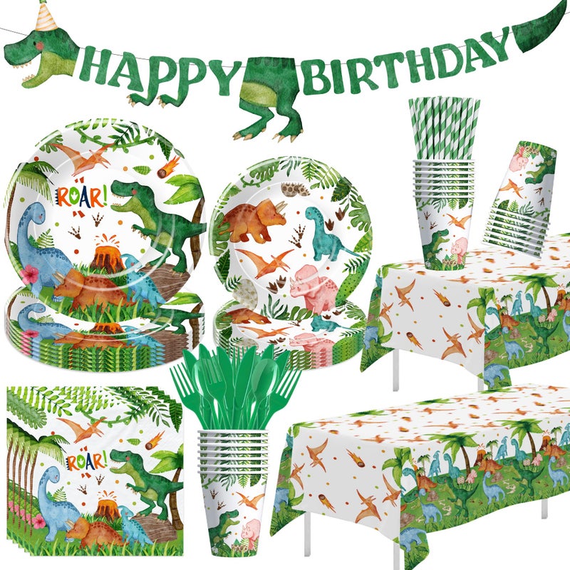 Srua Don Dinosaur Birthday Party Supplies Boy - Dino Dinosaur Birthday Decorations Tableware, Paper Plate, Cup, Napkin, Tablecloth, Disposable Cutlery, Banner, Serves 24 - Image 1
