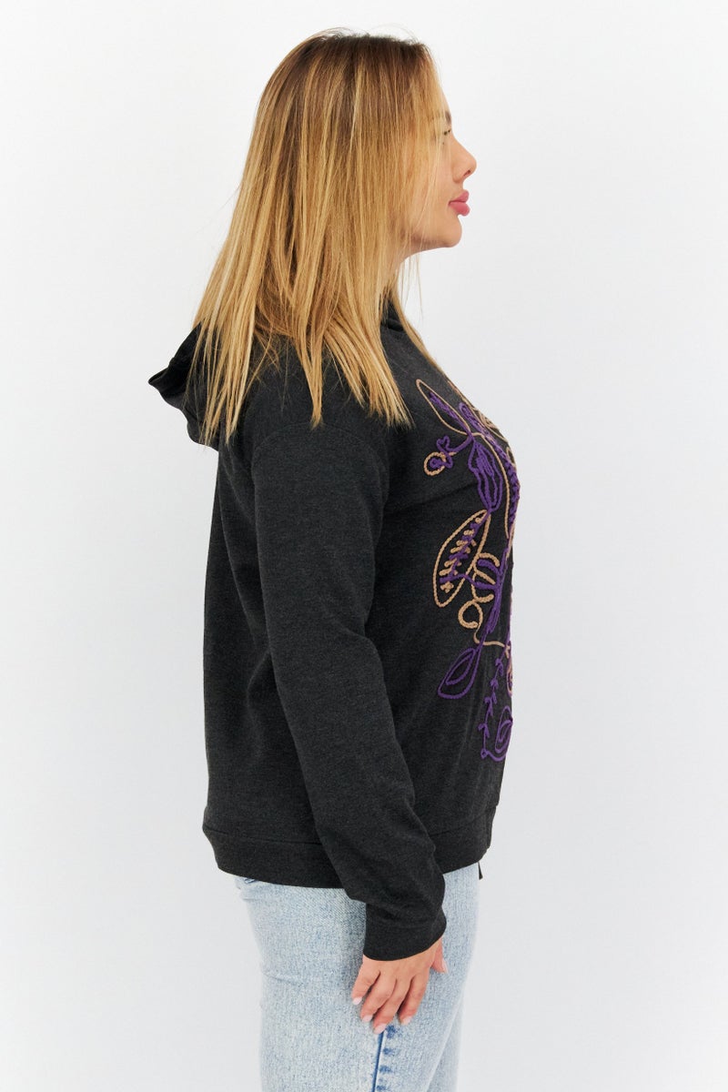 COMMA Women Hooded Long Sleeves Embroidered Sweatshirts, Black - Image 4
