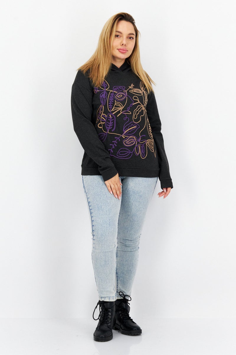 COMMA Women Hooded Long Sleeves Embroidered Sweatshirts, Black - Image 2
