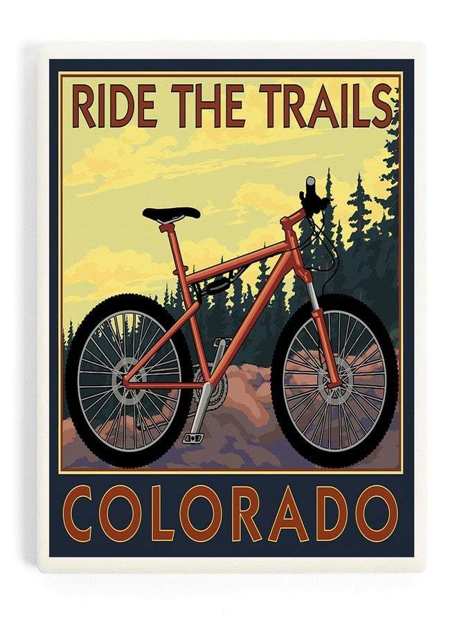 Lantern Press Colorado, Ride The Trails, Mountain Bike (Absorbent Ceramic Coaster, Single, Cork Back, Kitchen Table Decor) - Image 1
