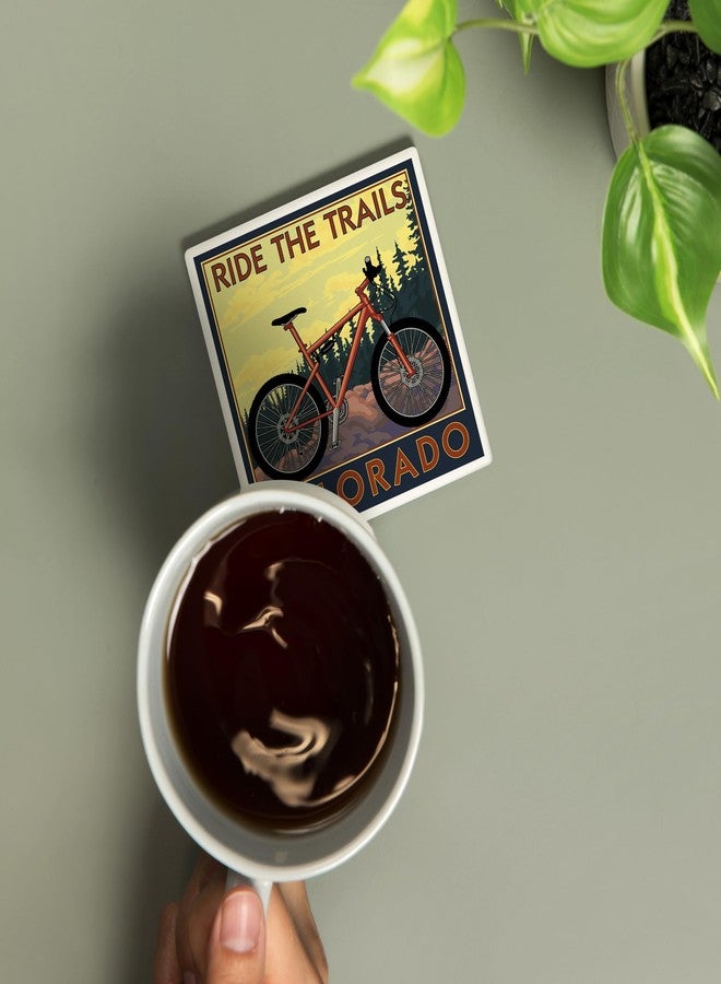 Lantern Press Colorado, Ride The Trails, Mountain Bike (Absorbent Ceramic Coaster, Single, Cork Back, Kitchen Table Decor) - Image 2