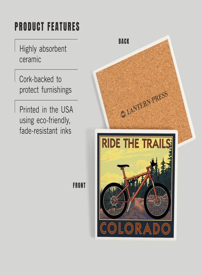 Lantern Press Colorado, Ride The Trails, Mountain Bike (Absorbent Ceramic Coaster, Single, Cork Back, Kitchen Table Decor) - Image 3
