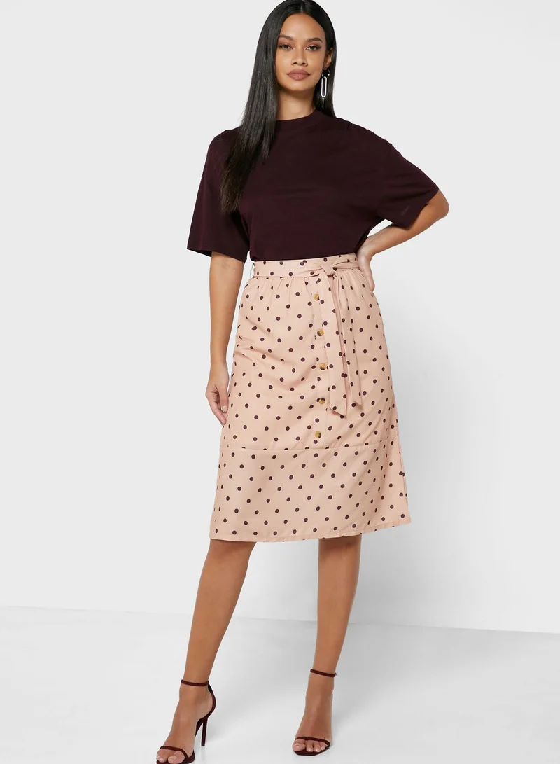 FabAlley Polka Dot Belted Midi Skirt