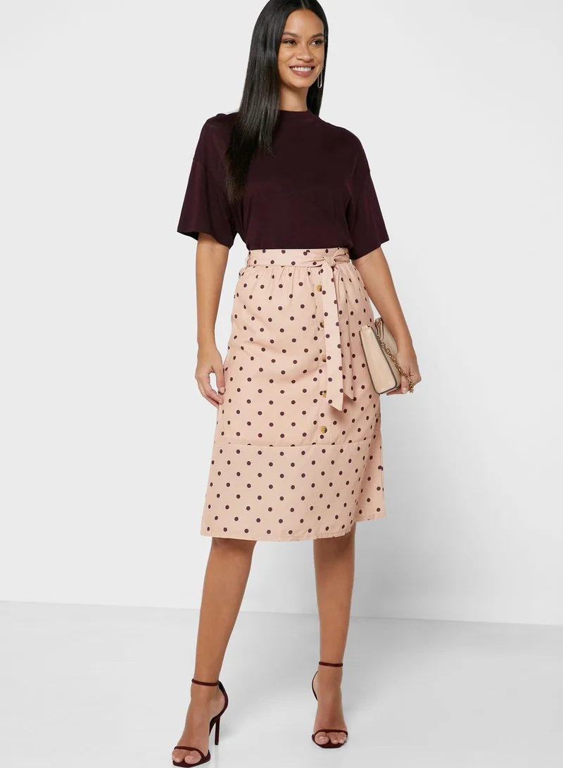 FabAlley Polka Dot Belted Midi Skirt