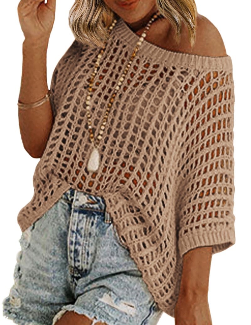 Zeagoo Spring Sweaters for Women Short Sleeve Sweater Lightweight Crochet Tops Beach Cover Ups Khaki - Image 1