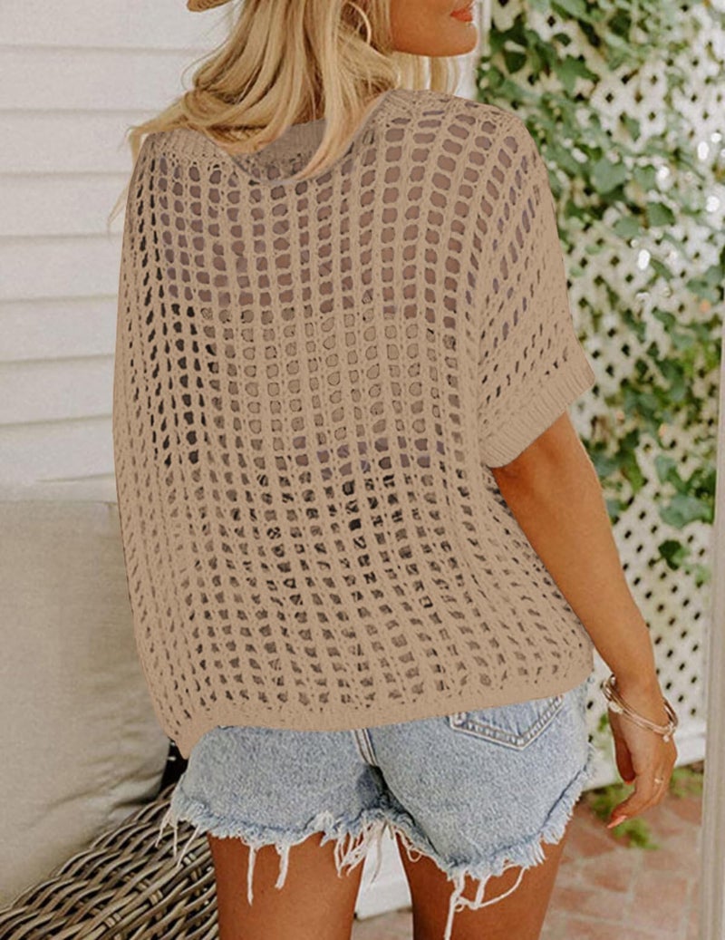 Zeagoo Spring Sweaters for Women Short Sleeve Sweater Lightweight Crochet Tops Beach Cover Ups Khaki - Image 4
