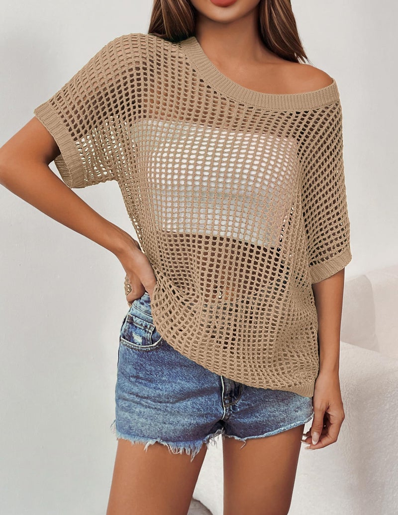 Zeagoo Spring Sweaters for Women Short Sleeve Sweater Lightweight Crochet Tops Beach Cover Ups Khaki - Image 3