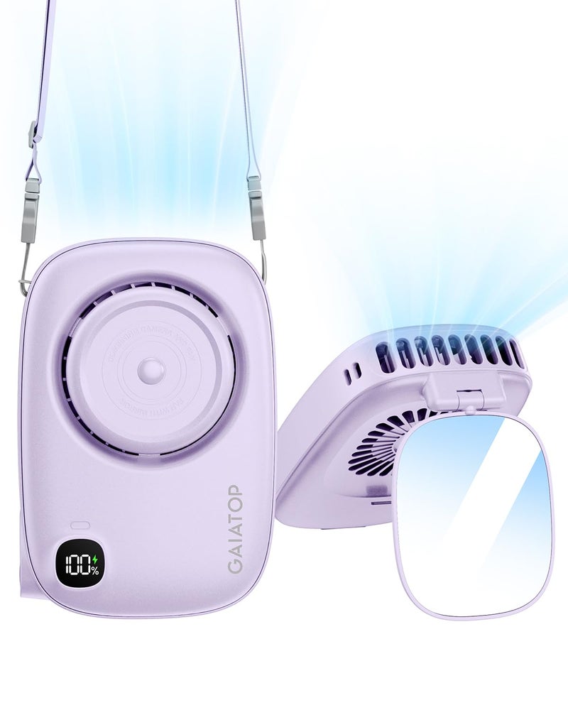 Gaiatop Mini Neck Fan, Rechargeable LED Power Display 3 Speed 360°Rotate Lash Makeup Mirror Cute Camera Design, Small Portable USB Handheld Desk Fans Personal Cooling Travel Essentials Purple - Image 1