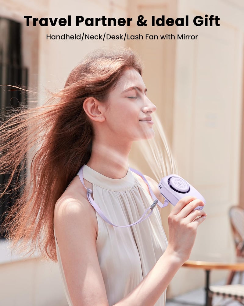 Gaiatop Mini Neck Fan, Rechargeable LED Power Display 3 Speed 360°Rotate Lash Makeup Mirror Cute Camera Design, Small Portable USB Handheld Desk Fans Personal Cooling Travel Essentials Purple - Image 2