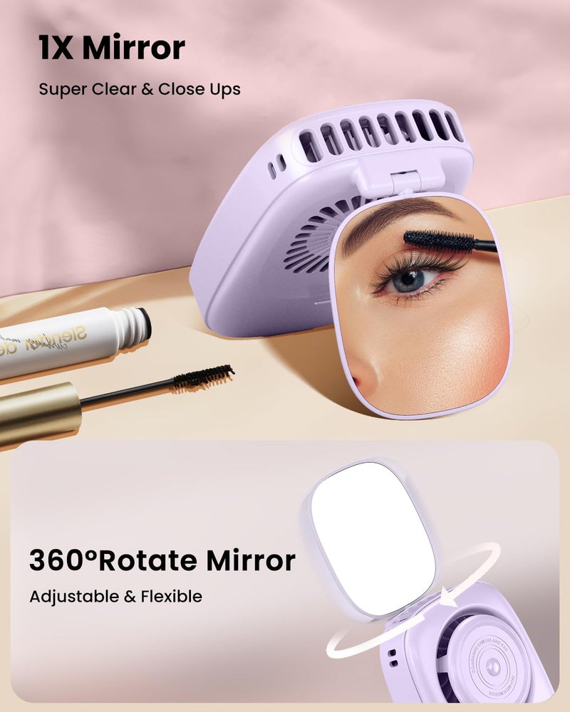 Gaiatop Mini Neck Fan, Rechargeable LED Power Display 3 Speed 360°Rotate Lash Makeup Mirror Cute Camera Design, Small Portable USB Handheld Desk Fans Personal Cooling Travel Essentials Purple - Image 3