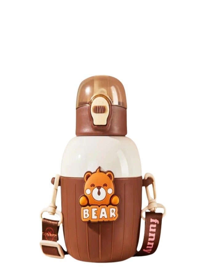 Mayatra's Kids Water Bottle, BPA-Free Sipper with Cartoon Design, 500ml, Leakproof with Carrying Strap, Duck, Bear, Rabbit, Dino Theme (Brown) - Image 1