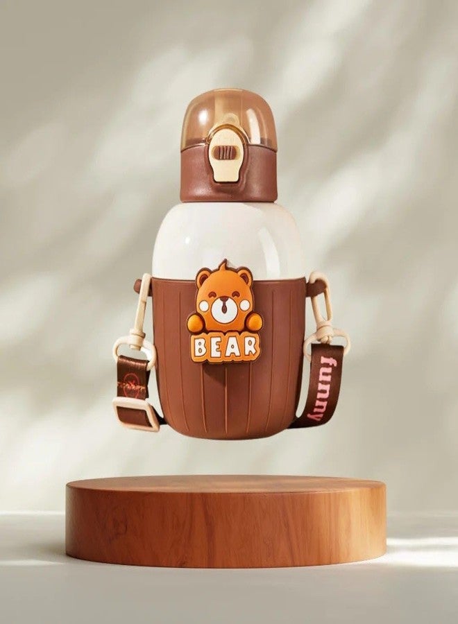 Mayatra's Kids Water Bottle, BPA-Free Sipper with Cartoon Design, 500ml, Leakproof with Carrying Strap, Duck, Bear, Rabbit, Dino Theme (Brown) - Image 2