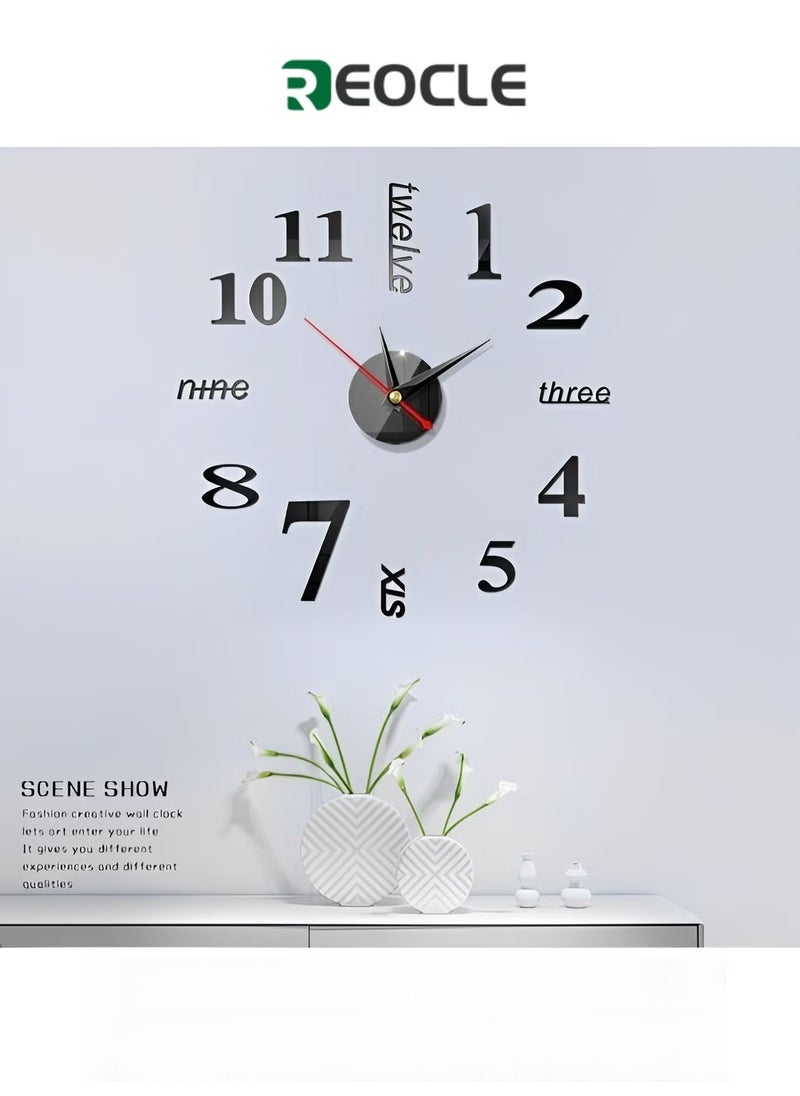 REOCLE Frameless DIY Wall Clock 3D Mirror Wall Clock Large Mute Wall Stickers for Living Room Bedroom Home Decorations - Image 1