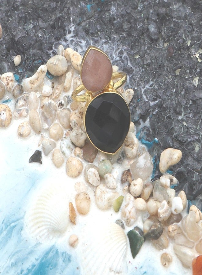 Dua Black Onyx & Peach Moonstone Heart Ring | Handmade Gold Plated Jewelry - Image 2