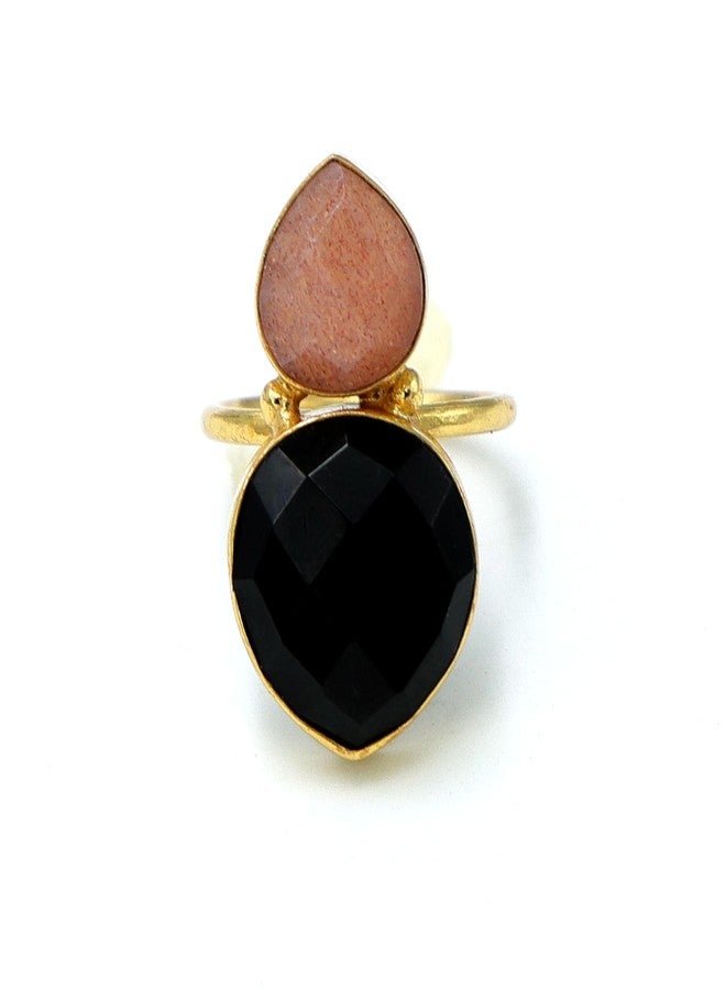 Dua Black Onyx & Peach Moonstone Heart Ring | Handmade Gold Plated Jewelry - Image 1