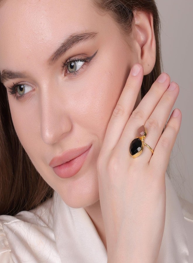 Dua Black Onyx & Peach Moonstone Heart Ring | Handmade Gold Plated Jewelry - Image 4