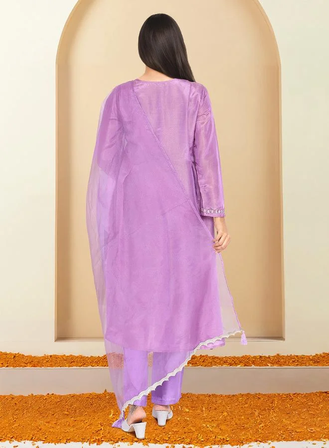 ISHIN Women's Lilac Polyester Printed Tunic Top With Ankle Palazzo Flared 3 Peice Kurta Set