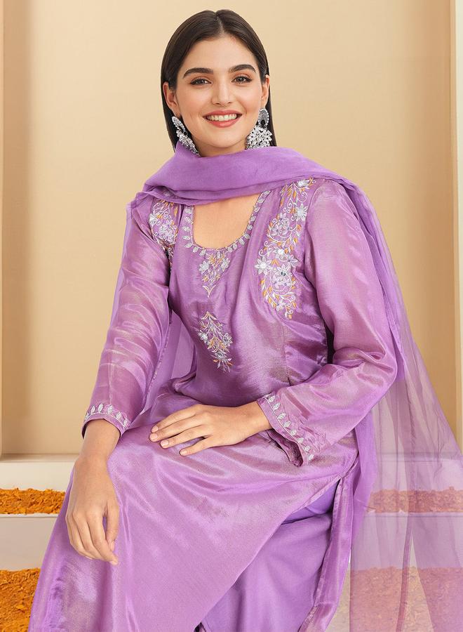 ISHIN Women's Lilac Polyester Printed Tunic Top With Ankle Palazzo Flared 3 Peice Kurta Set - Image 1