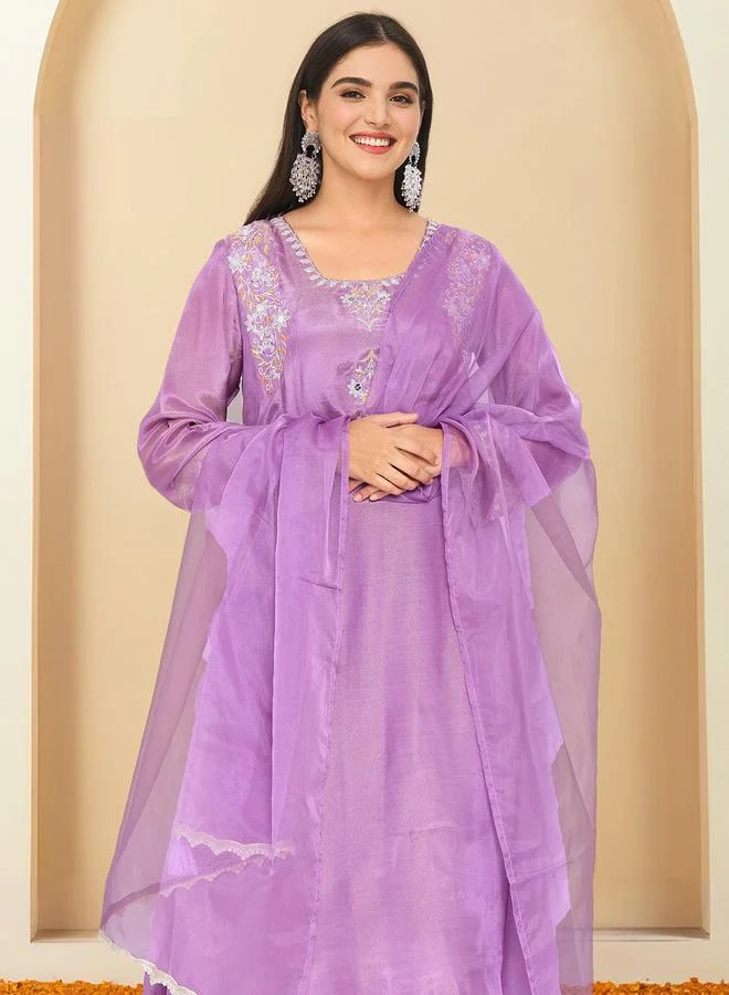 ISHIN Women's Lilac Polyester Printed Tunic Top With Ankle Palazzo Flared 3 Peice Kurta Set