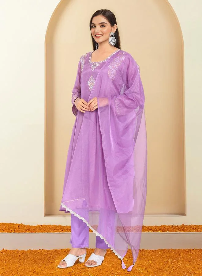 ISHIN Women's Lilac Polyester Printed Tunic Top With Ankle Palazzo Flared 3 Peice Kurta Set