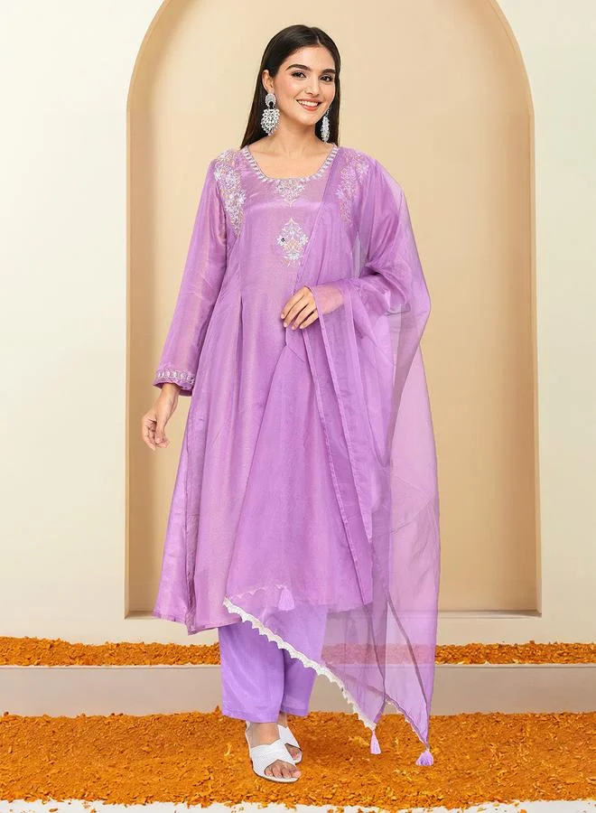 ISHIN Women's Lilac Polyester Printed Tunic Top With Ankle Palazzo Flared 3 Peice Kurta Set