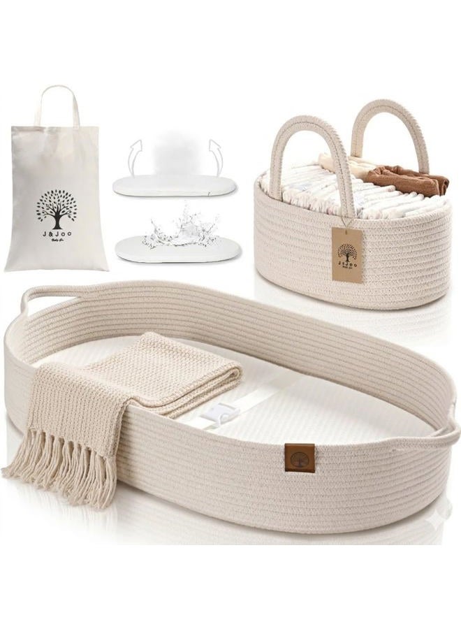 JJOO Baby Changing Basket - Breathable, Waterproof Covers, Wipeable Changing Pad for Changing Table Toper & Dresser, Cotton Rope Baby Basket (Light Cream/Bamboo, Caddy Set) - Image 1