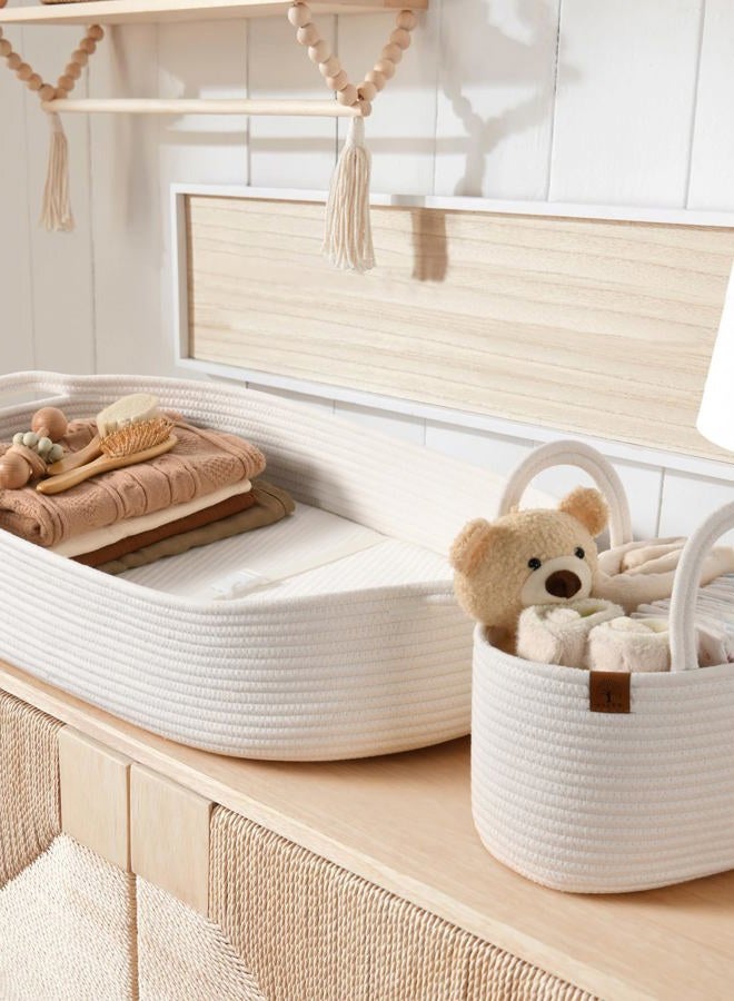 JJOO Baby Changing Basket - Breathable, Waterproof Covers, Wipeable Changing Pad for Changing Table Toper & Dresser, Cotton Rope Baby Basket (Light Cream/Bamboo, Caddy Set) - Image 2