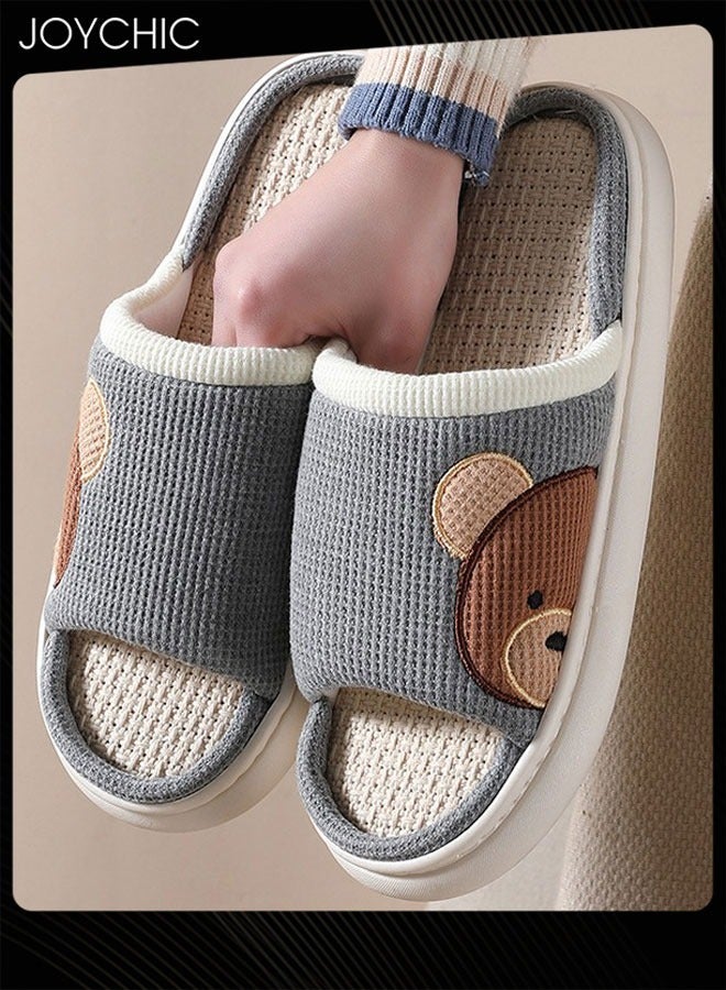 Joychic Non-slip Soft Thick Bottom Home Indoor Linen Slipper Sweat-absorbing and Breathable Bedroom Comfortable Slides  Four-season for Women Men Grey  - Image 2