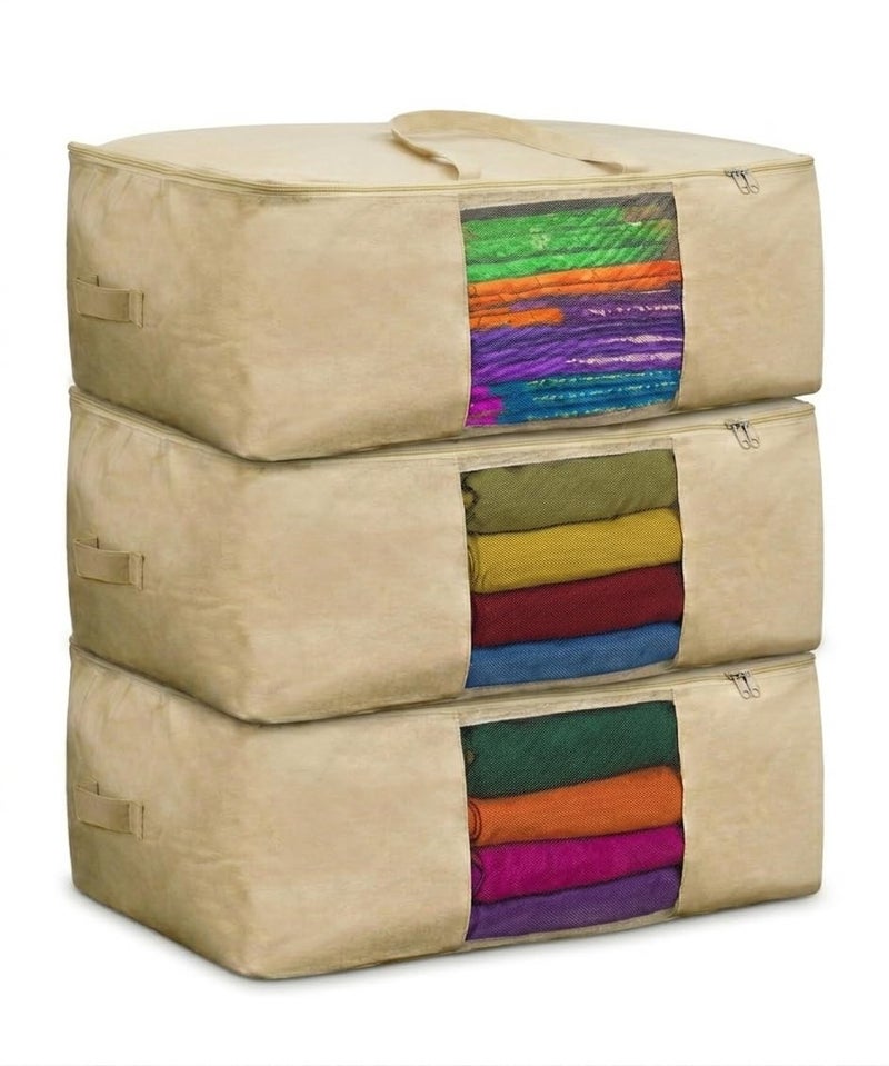 Gowloz Large Cotton Saree Storage Bags Pack of 3 (42 x 16.5 x 34 cm) – Breathable Clothes Organizer with Mesh Window & Zipper | Wardrobe Storage Bags for Sarees, Blankets, Bedding, Dresses & Garments - Image 1