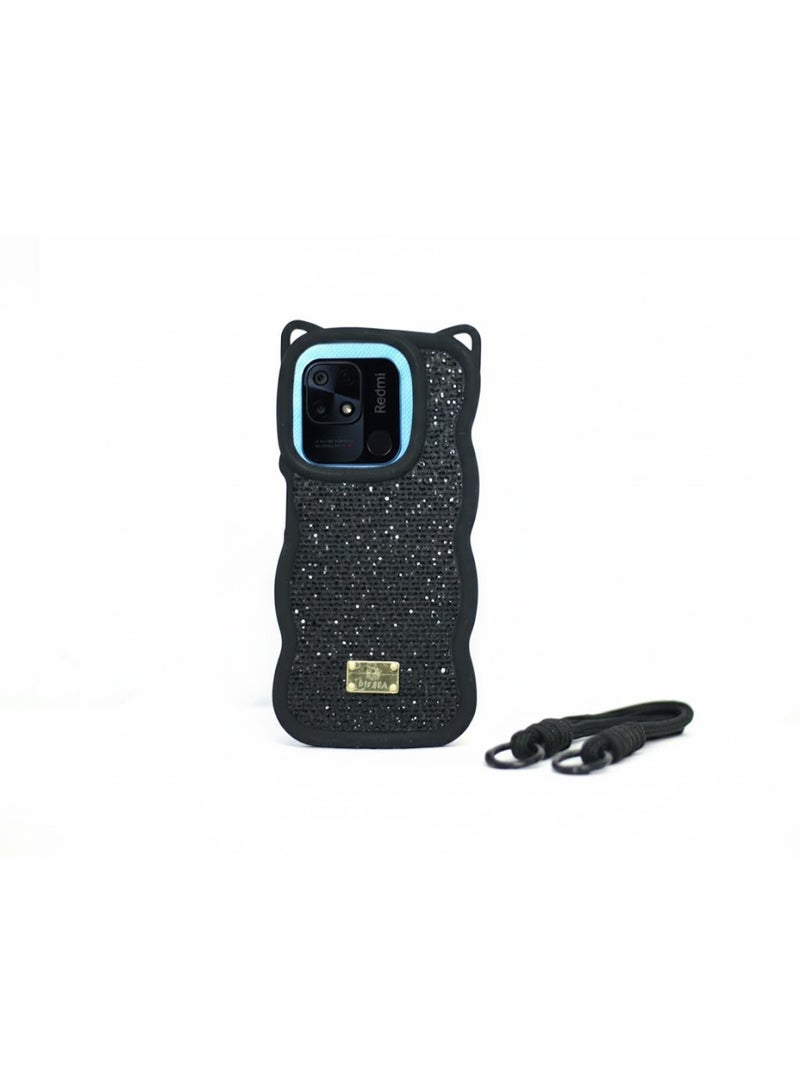 جراب سيليكون ماسي مع بطانة مخملية مشمسة، لهاتف Redmi 10c (أسود)