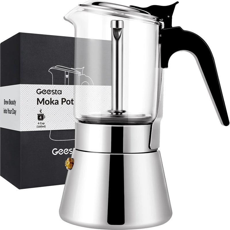 Geesta Premium Crystal GlassTop Stovetop Espresso Moka Pot  46 9 Cups  Stainless Steel Coffee Maker 160ml56oz4 cup espresso cup40ml