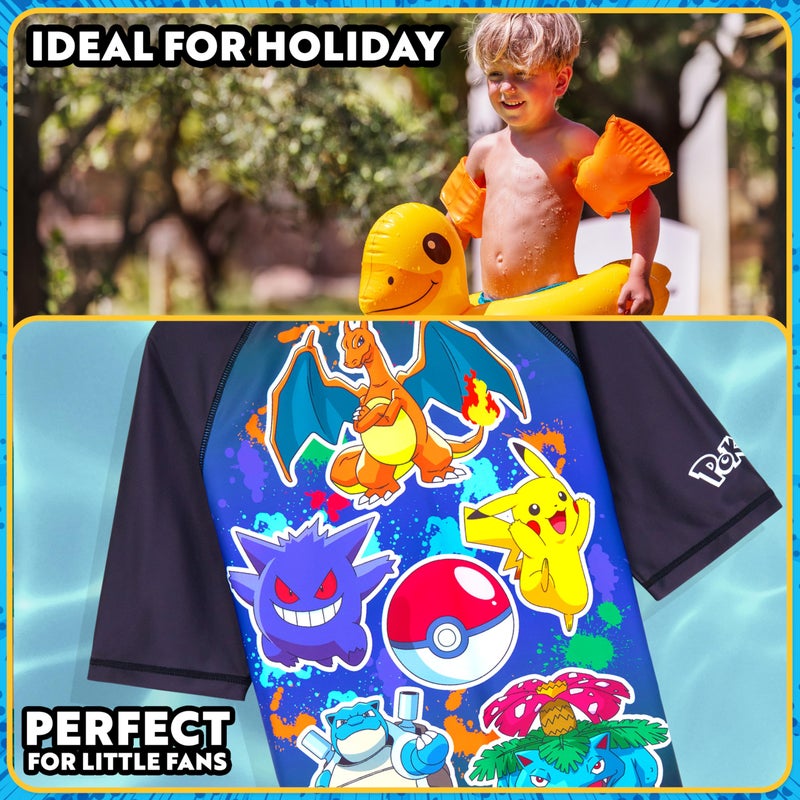 Get Trend Pokemon Bathing Suit Set for Boys Teens 2 Pcs Swim Trunks Rash Guard (11-12 Years, Multi Pokemon) - Image 2