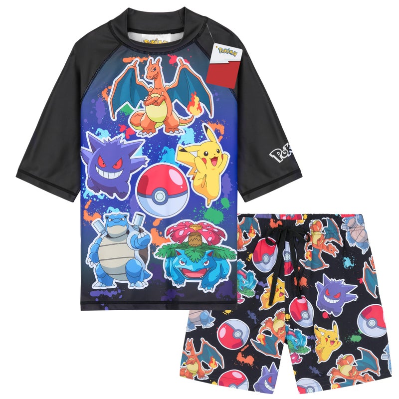 Get Trend Pokemon Bathing Suit Set for Boys Teens 2 Pcs Swim Trunks Rash Guard (11-12 Years, Multi Pokemon) - Image 1