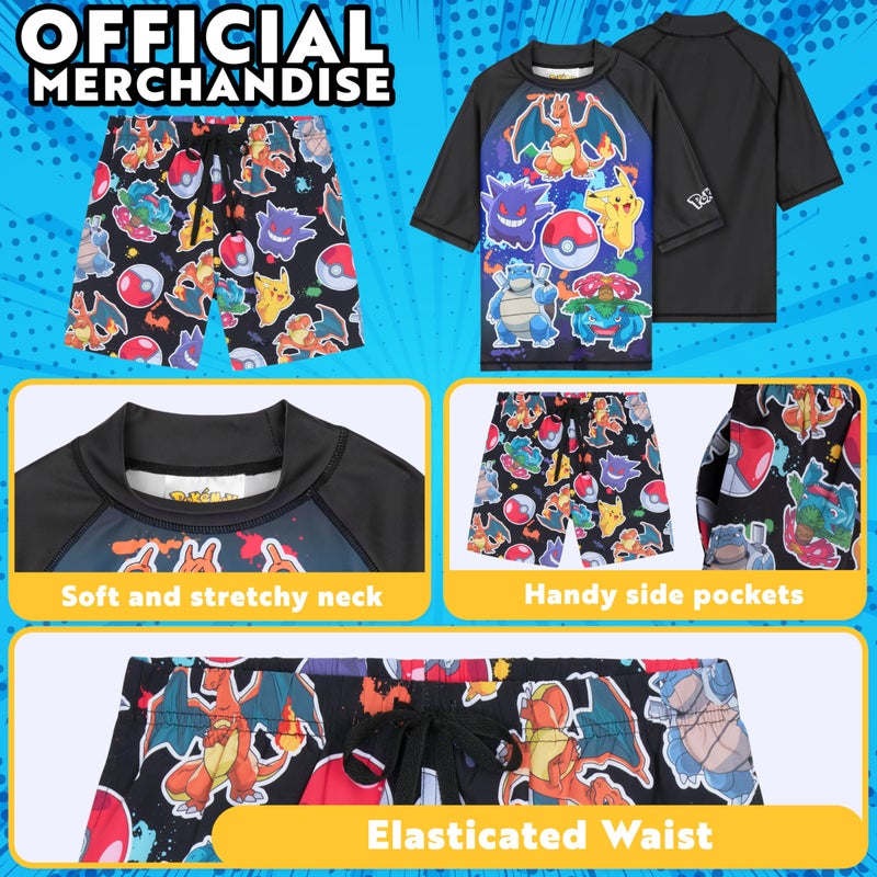 Get Trend Pokemon Bathing Suit Set for Boys Teens 2 Pcs Swim Trunks Rash Guard (11-12 Years, Multi Pokemon) - Image 4