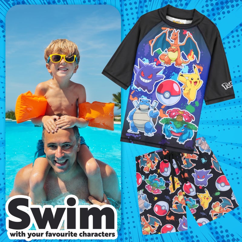 Get Trend Pokemon Bathing Suit Set for Boys Teens 2 Pcs Swim Trunks Rash Guard (11-12 Years, Multi Pokemon) - Image 3