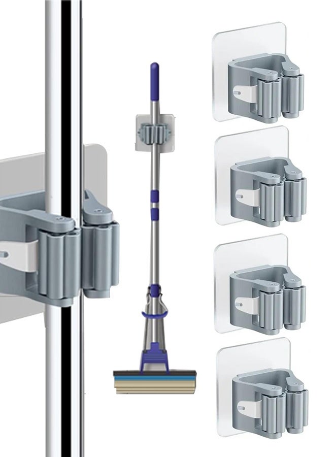 4-Piece Mop and Broom Holder Wall-Mop Storage Rack Plastic Hanging Mop Storage Rack Punch-Free Clip Hook for Bathroom and Kitchen (Gray) - Image 1