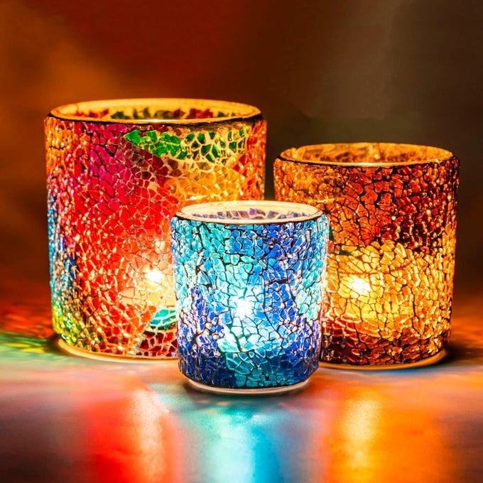 TEA LIGHT CANDLE HOLDER MOSAIC GLASS CANDLE JARS HANDMADE ROMANTIC TEALIGHT HOLDERS FOR MAKE CANDLES AND ESSENTIAL OIL DIFFUSER TABLE CENTERPIECE BATH DECOR SET OF 3 IN 3 SIZE MULTICOLOR