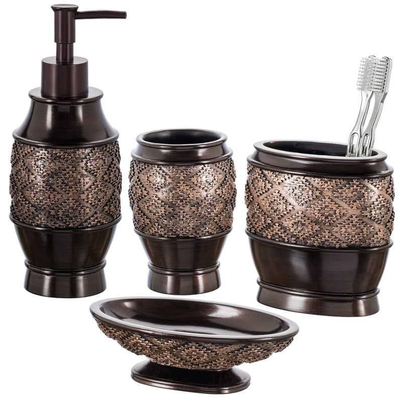 Creative Scents Dublin Brown Bathroom Accessories Set Complete - 4 Pc. Bathroom Sets Accessories, Luxury Bathroom Accessory Set - Soap Dispenser, Soap Dish, Tumbler & Toothbrush Holder Set - Image 1