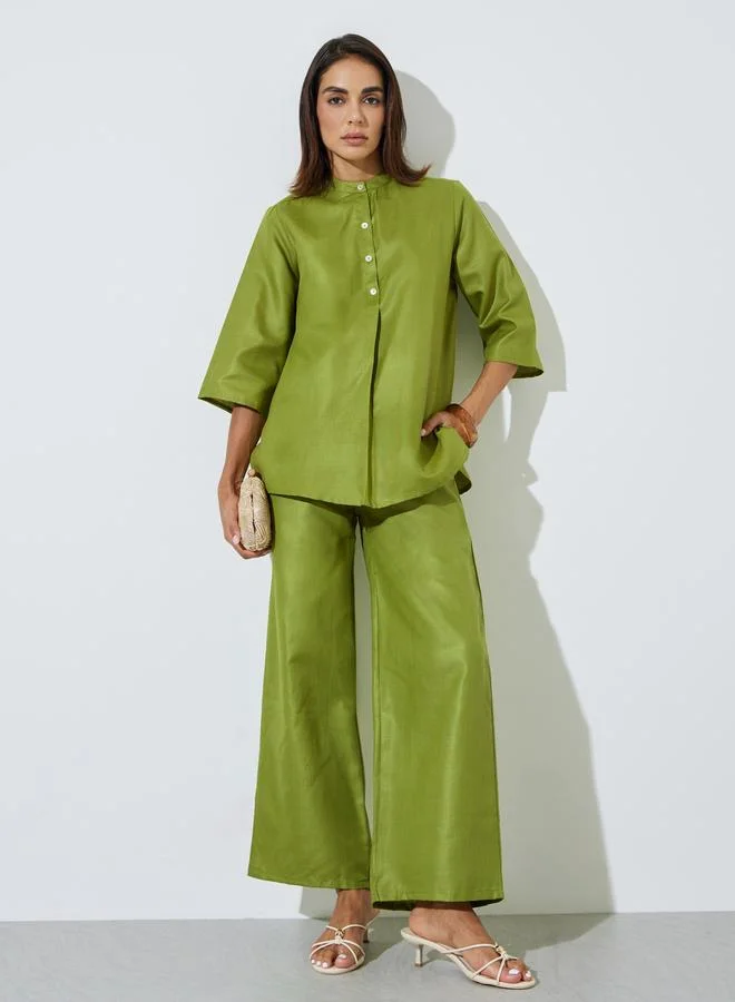 أميرة Green Solid Stand Collar Top and Wide Leg Trousers Modest Set